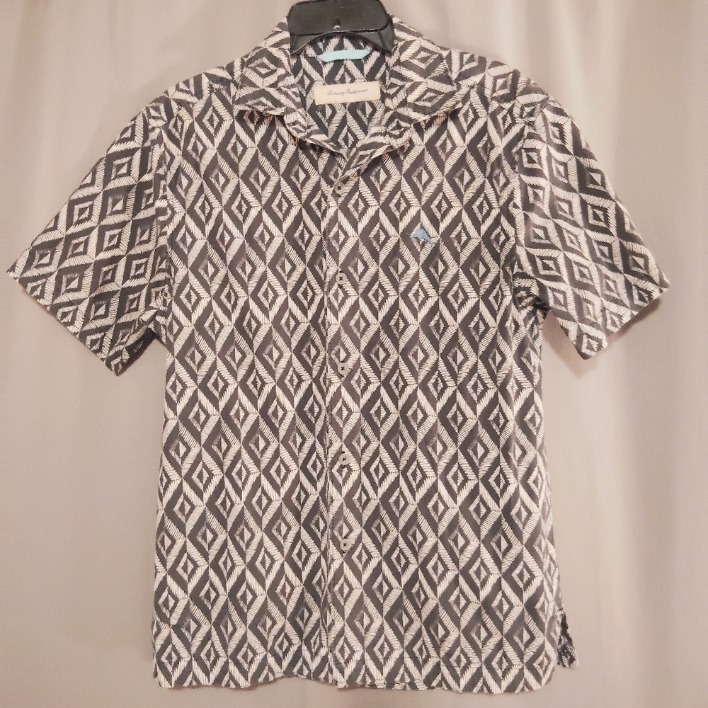 Tommy Bahama Geo Print Marlin Logo Button Down Camp Style Shirt Sz Small